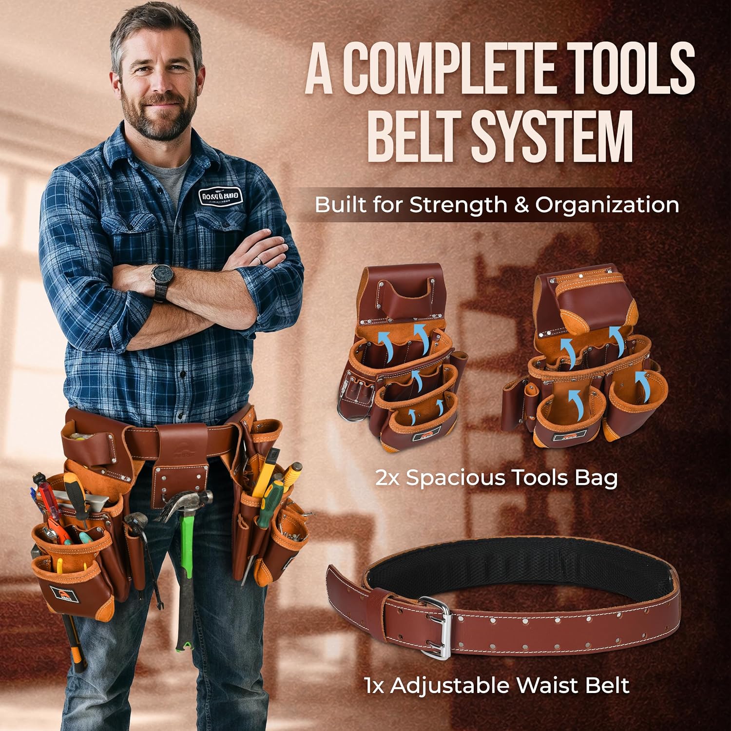 ABRIX Heavy Duty Tool Belt for Men – 4MM Thick Genuine Leather, Brass Buckle & Rivets | Foam Padded Comfort | 28-Pocket Carpenter & Framing Rig | Fits Waist 32 to 52 Inches | Professional Work Belt