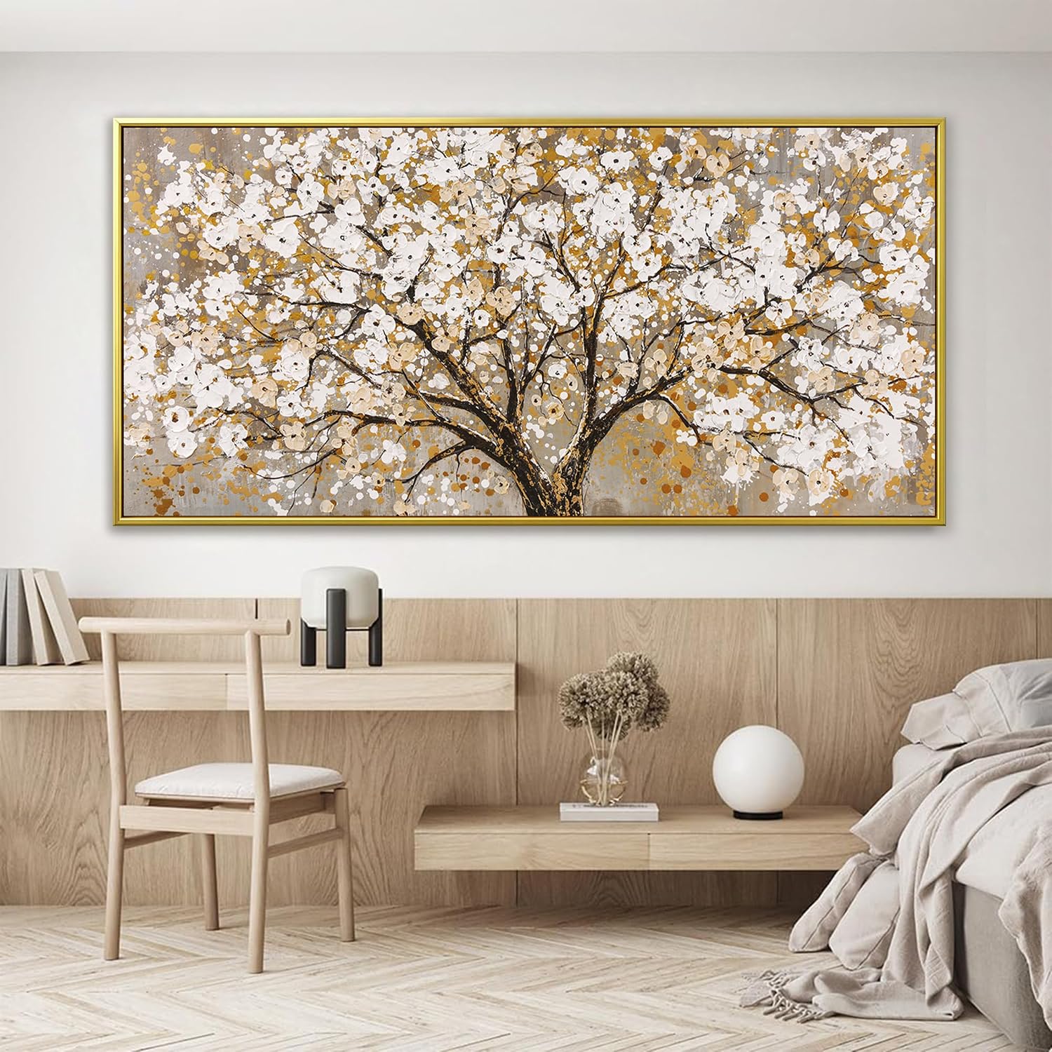 Large Gold Framed Wall Art Print Gold Abstract Tree Of Life Framed Modern Artwork Canvas Painting Gold Tree Pictures Home Decor Ready To Hang For Bedroom Living Room 29' X 58'
