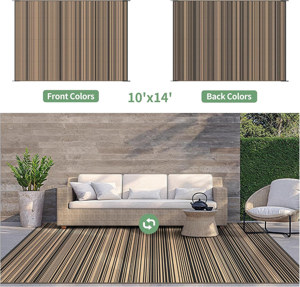 GENIMO Outdoor Rug 10x14 ft Waterproof, Reversible Plastic Straw Patio Rug for RV Camping Mat, Deck, Backyard Balcony Mat - Lightweight & Easy to Clean, BlackBrown