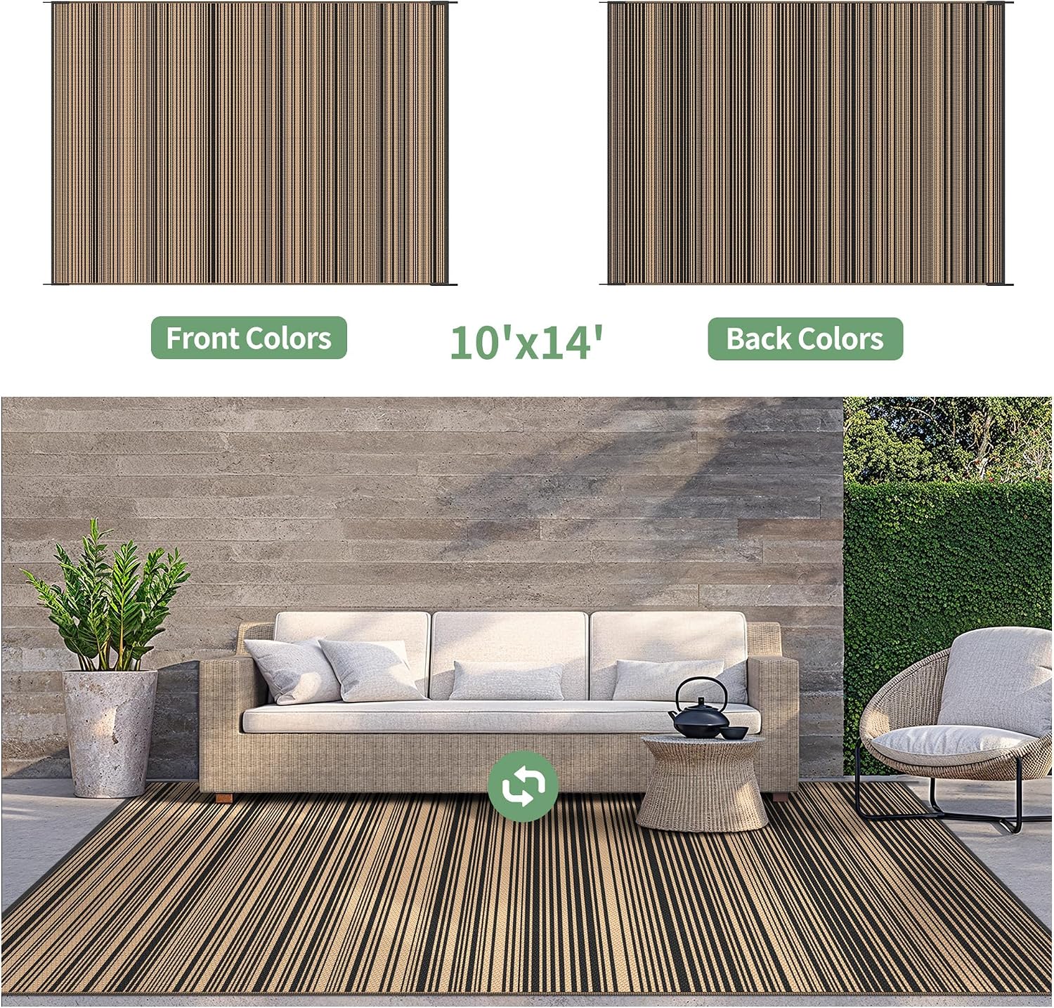 GENIMO Outdoor Rug 10x14 ft Waterproof, Reversible Plastic Straw Patio Rug for RV Camping Mat, Deck, Backyard Balcony Mat - Lightweight & Easy to Clean, BlackBrown