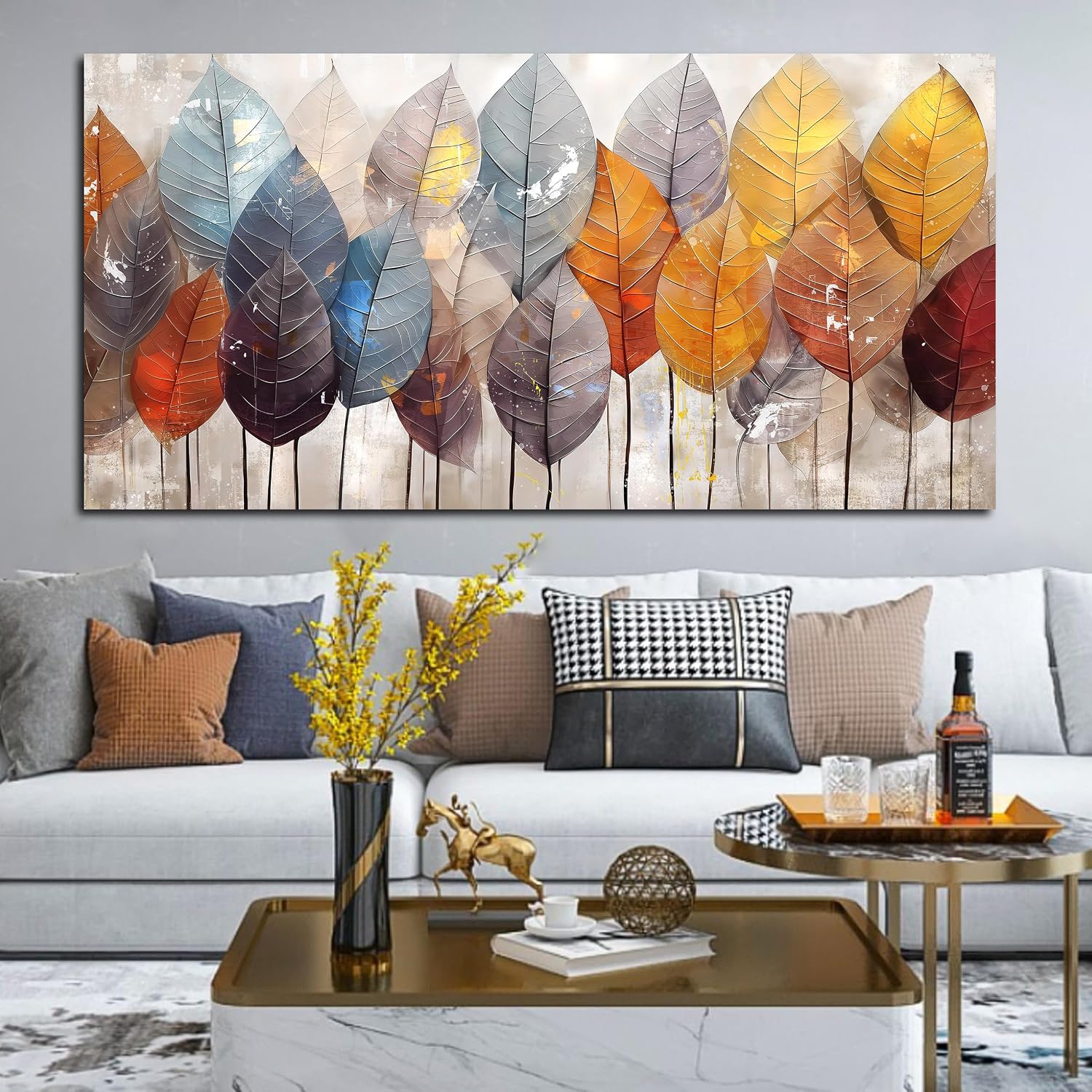 ENTANUB Leaf Wall Art for Living Room, Gold Autumn Canvas Wall Art for Bedroom, Tree Print Painting for Office, Large Size 60x30 Inches