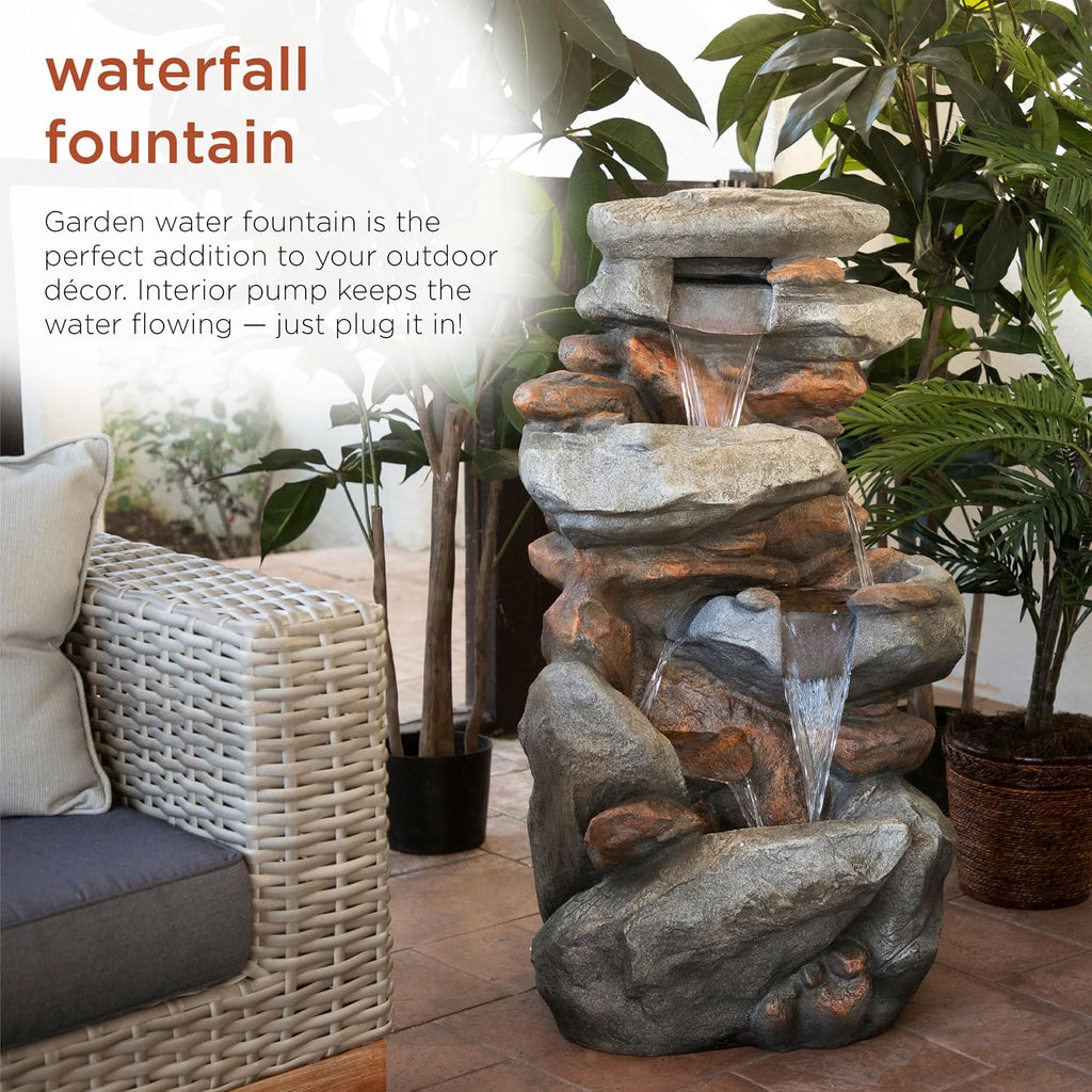 Alpine Corporation | 40' 4-Tier Rock Floor Fountain with Cascading Water & White LED Lights, Tranquil Outdoor Water Feature for Garden, Patio, Yard & Deck, Light Gray