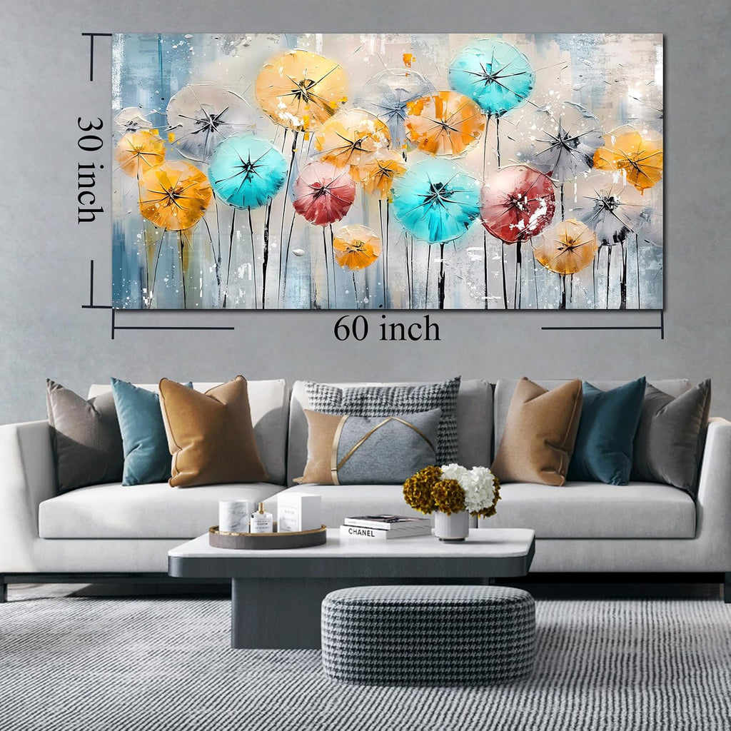 ENTANUB Dandelion Wall Art for Living Room, Flower Canvas Wall Picture for Bedroom, Colorful Print Painting Decor, Large Size 60x30 Inches