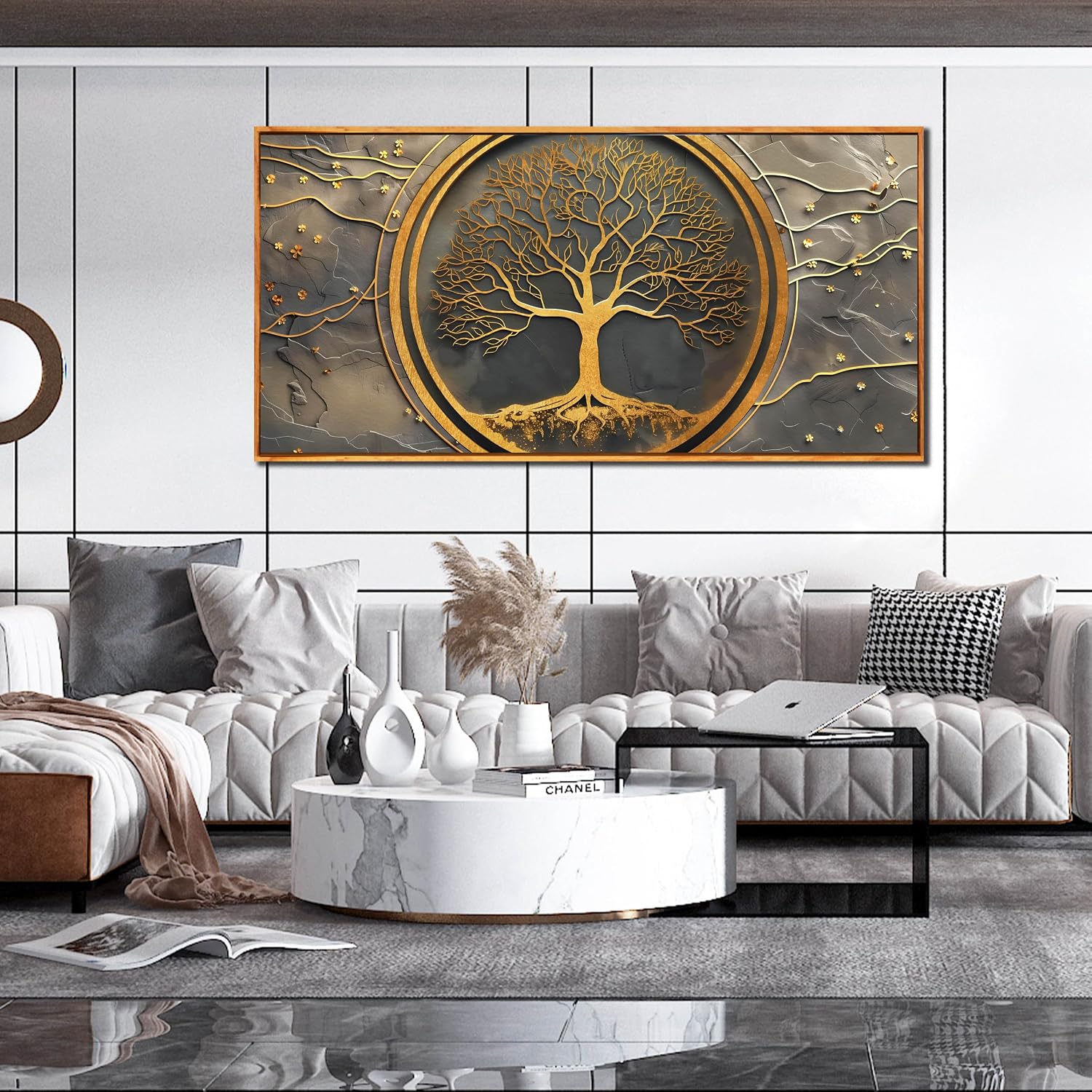 Tree Pictures Wall Art for Living Room - Gold Modern Wall Decor Office - Wooden Framed Wall Art Size 29' x 59'