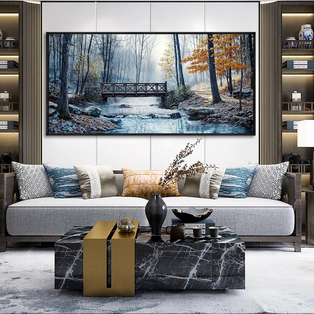 yiijeah Large Living Room Wall Art - Modern Wall Decor for Bedroom Office Decor Mountain Forest Landscapes Village Bridge Painting Framed Canvas Prints Ready to Hang Pictures Home Decor
