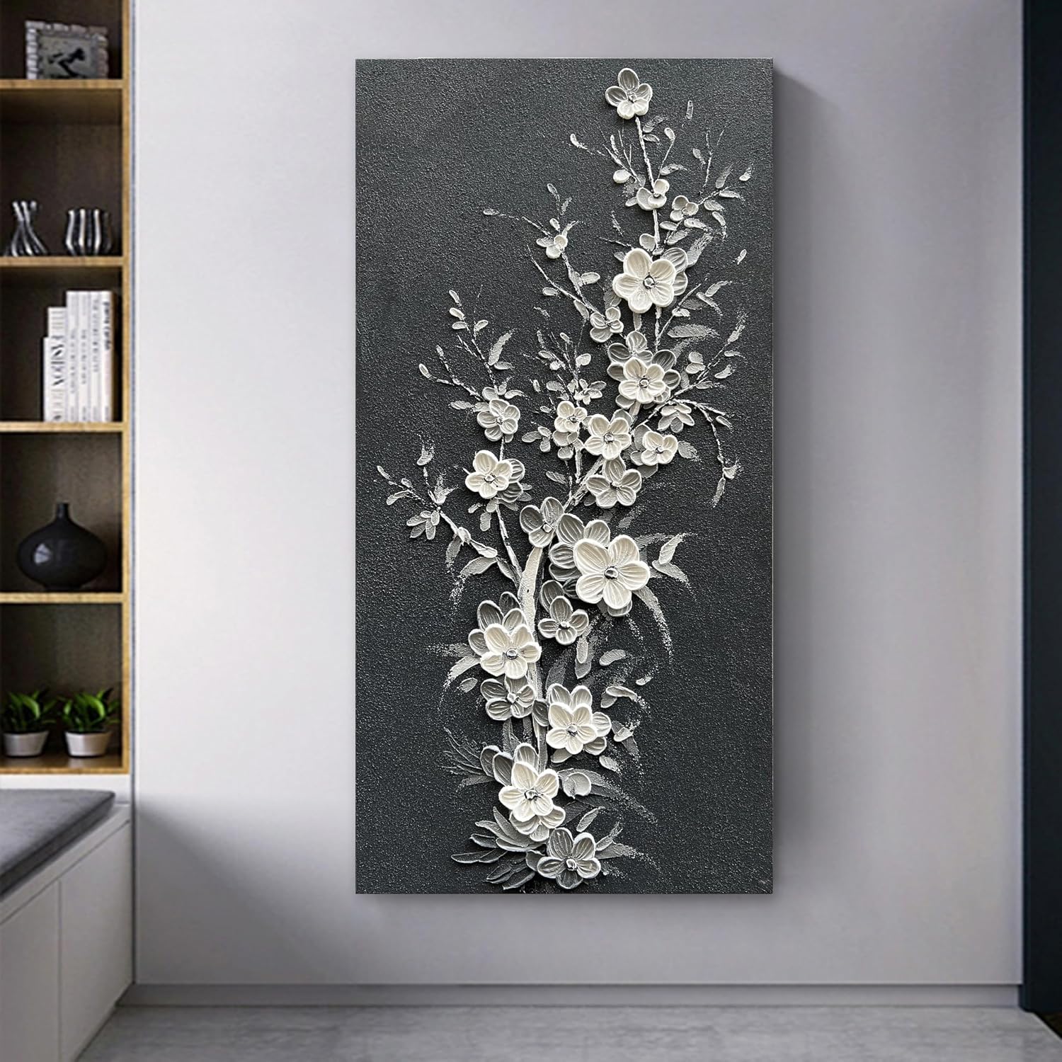 Hand Painted Modern Black and White Art Oil Painting White Plum Blossom Painting 24x48 inch Canvas Wall Art Home Wall Decorative Art