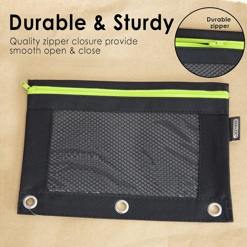 BAZIC Products Pencil Pouch 3 Ring Binder Pouch w/Rivet Enforced Rings Holes, Neon Black Color Mesh Window Zipper Pouches, 144-Pack