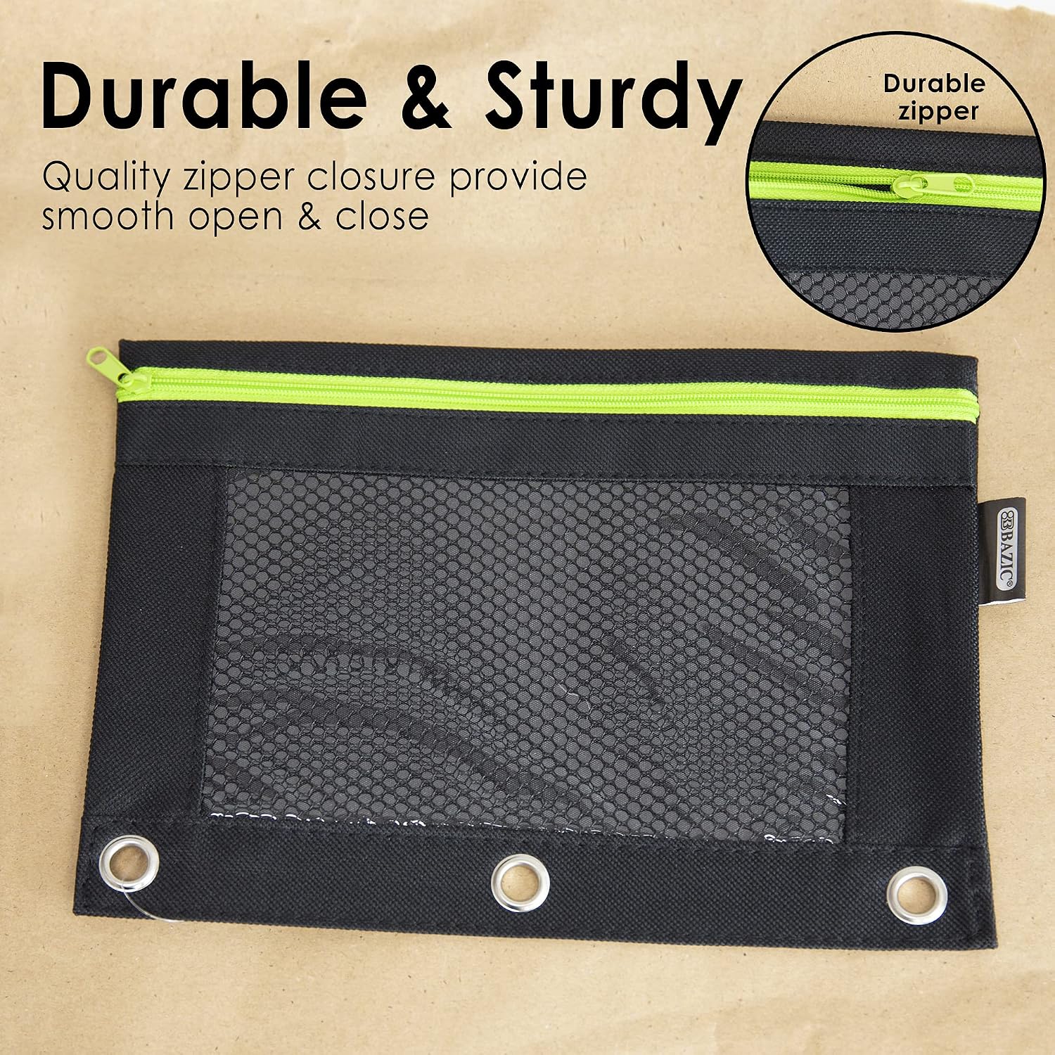 BAZIC Products Pencil Pouch 3 Ring Binder Pouch w/Rivet Enforced Rings Holes, Neon Black Color Mesh Window Zipper Pouches, 144-Pack