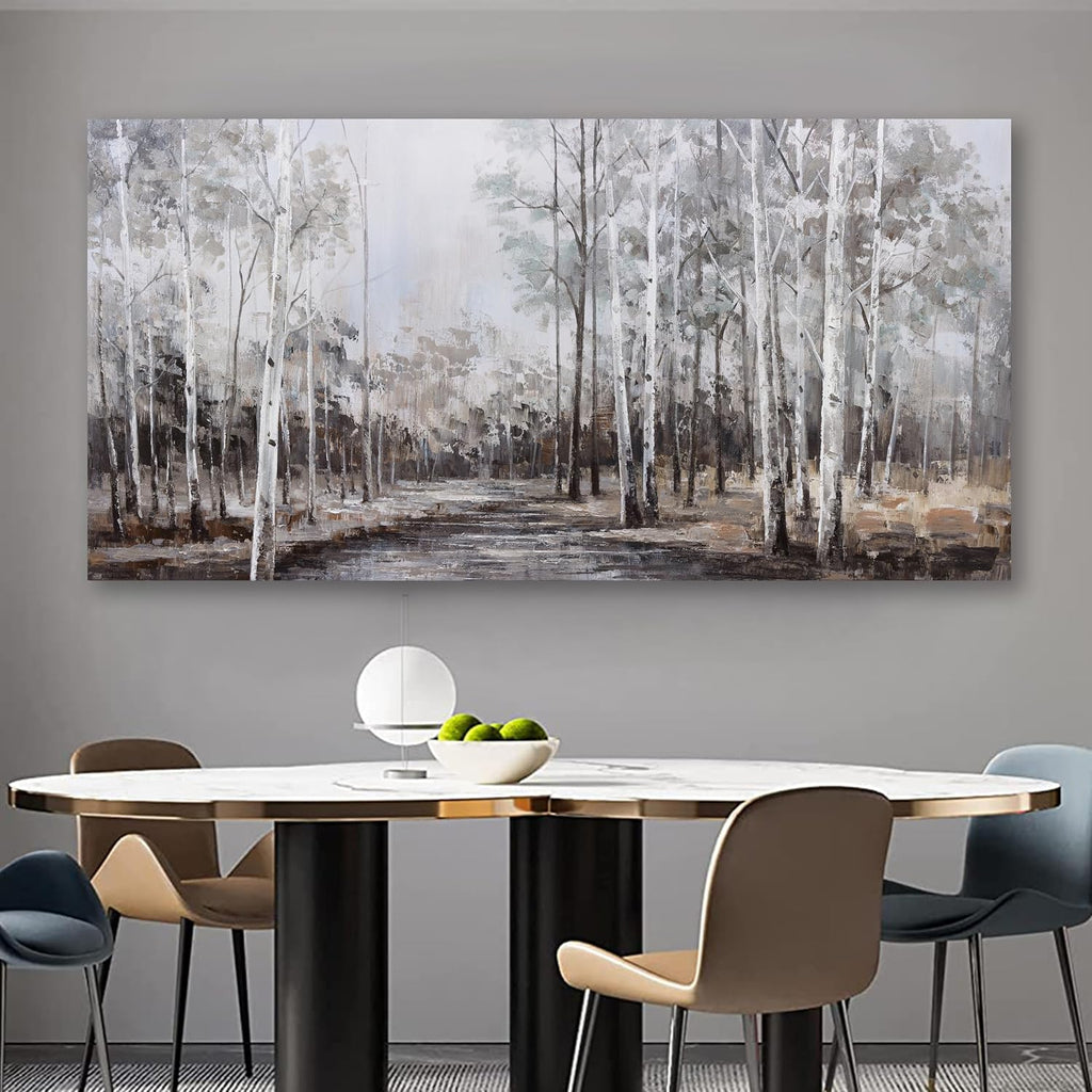 White Birch Tree Wall Art Grey Forest Painting Abstract Canvas Art Landscape Panoramic Picture Nature Artwork Framed for Living Room Bedroom Dinning Room Home Office Wall Decor 59'x28'