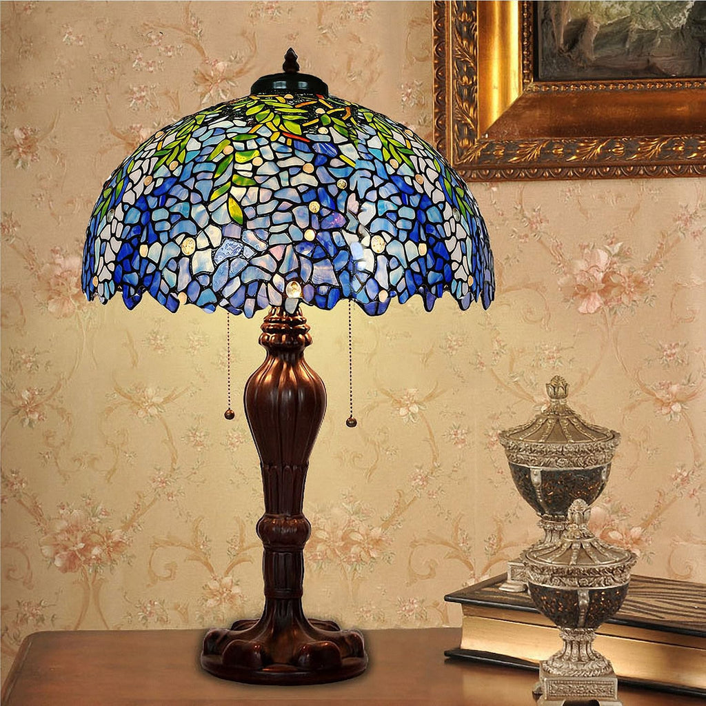 MAGCOLOR Table Lamps, Tiffany Style Stained Glass Purple Wisteria Table Lamp with 16 inches Handmade Lampshade and Brown Round Lamp Base Made of Zinc Alloy,Suitable for Decorating Room