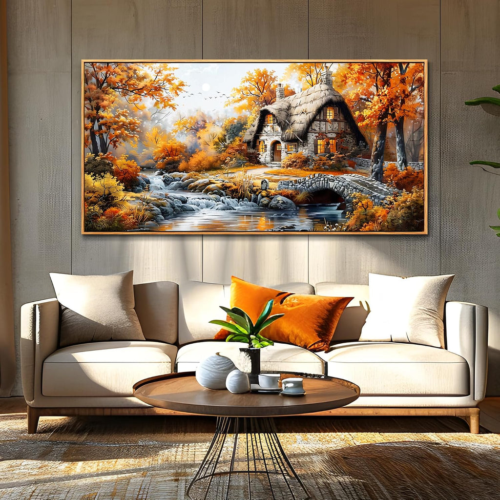 QIYILEXWART Canvas Wall Art For Living Room Large Wall Decor For Office Bedroom Decorations Autumn Cottage River Landscape Pictures Farmhouse Painting Artwork Room Wall Mural Aesthetic Home Decor 30x60 In