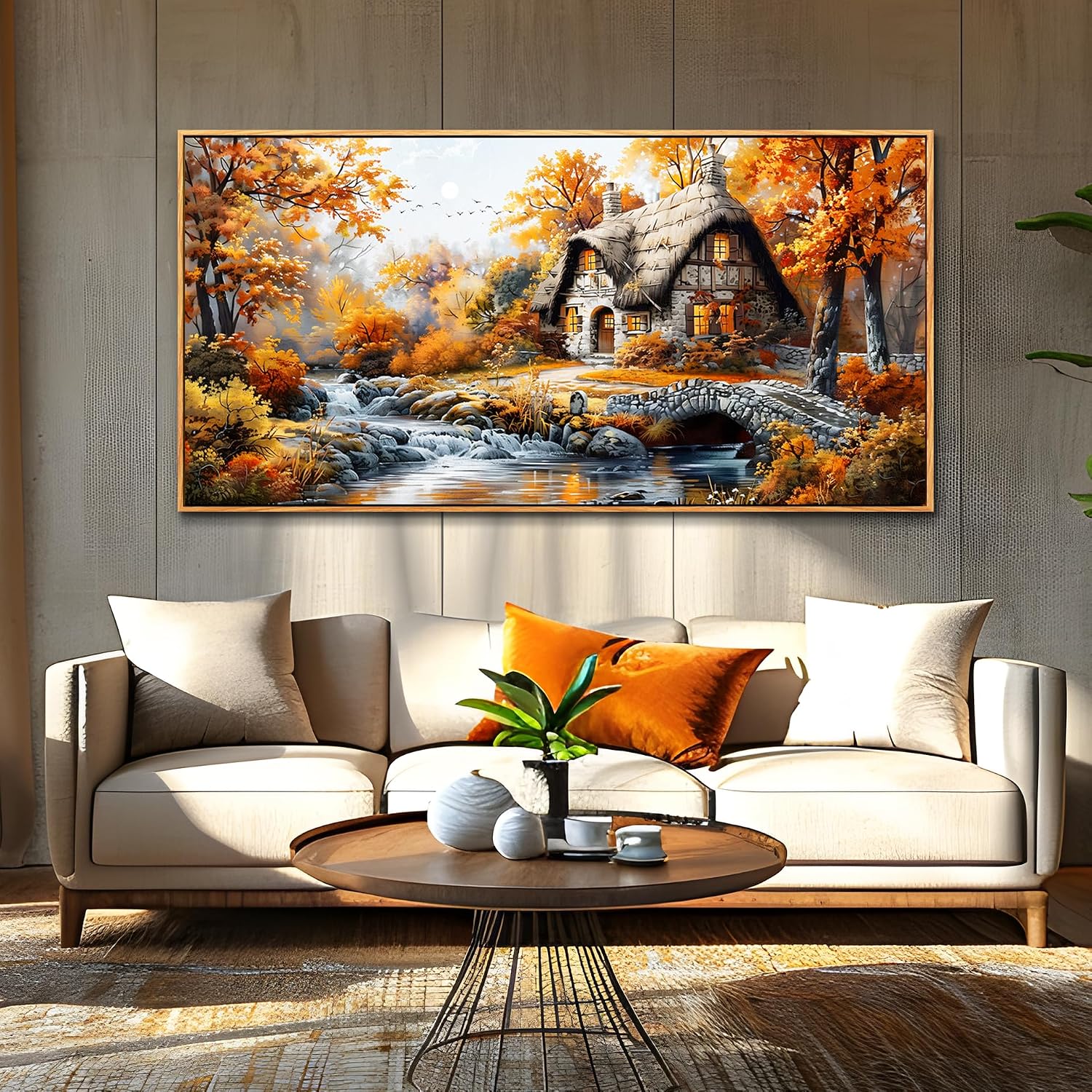 QIYILEXWART Canvas Wall Art For Living Room Large Wall Decor For Office Bedroom Decorations Autumn Cottage River Landscape Pictures Farmhouse Painting Artwork Room Wall Mural Aesthetic Home Decor 30x60 In