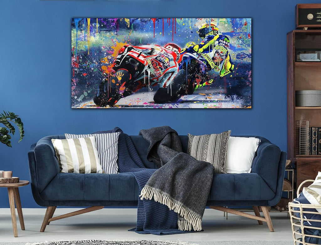CANEITO Motorcycle Wall Art Living Room, Graffiti Racer Picture Wall Painting Bedroom, Large Sports Canvas Print Posters Wall Decor for Man, 29 x 59 Inch