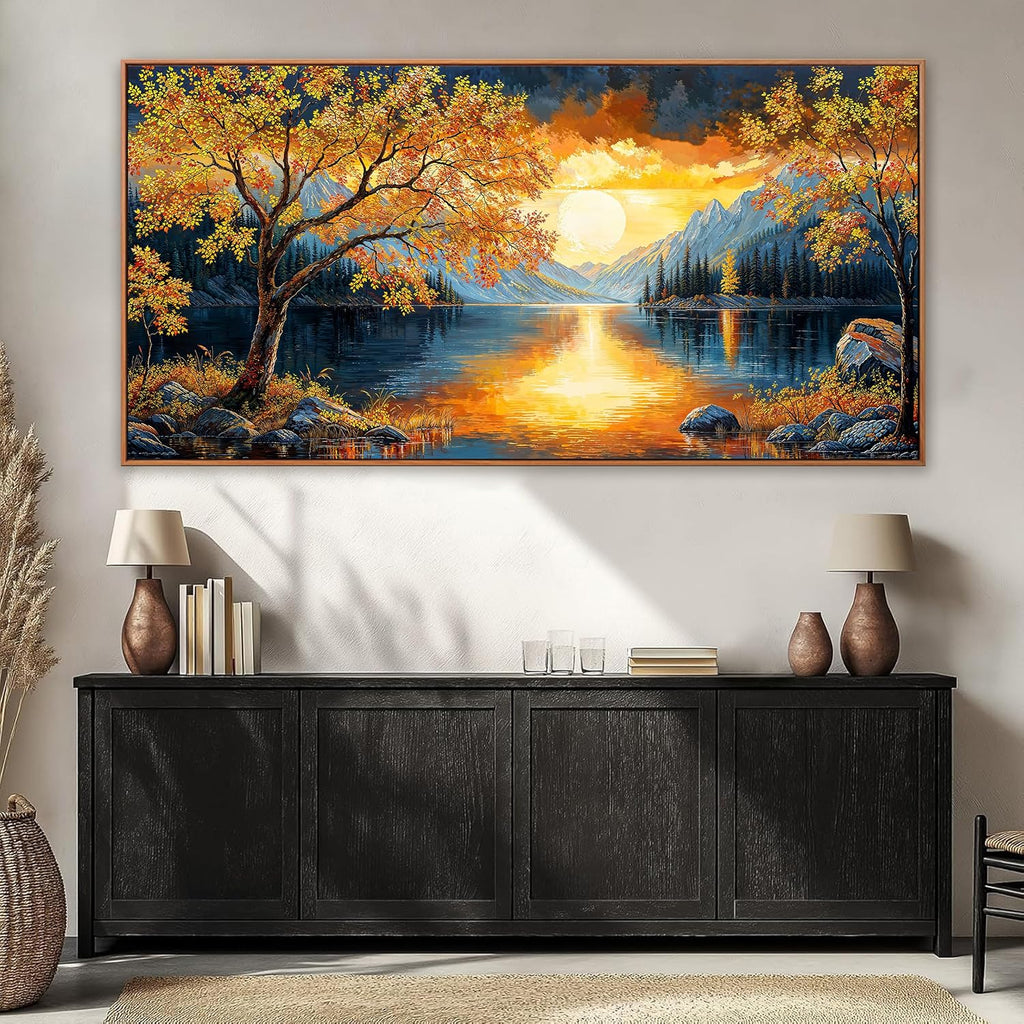 Large Wall Art For Living Room Canvas Art Wall Decor Modern Artwork Gold Tree River Sunrise Landscape Paintings Print Pictures For Bedroom Apartment Office Mural Aesthetic Artwork 29 X 58 In With Framed