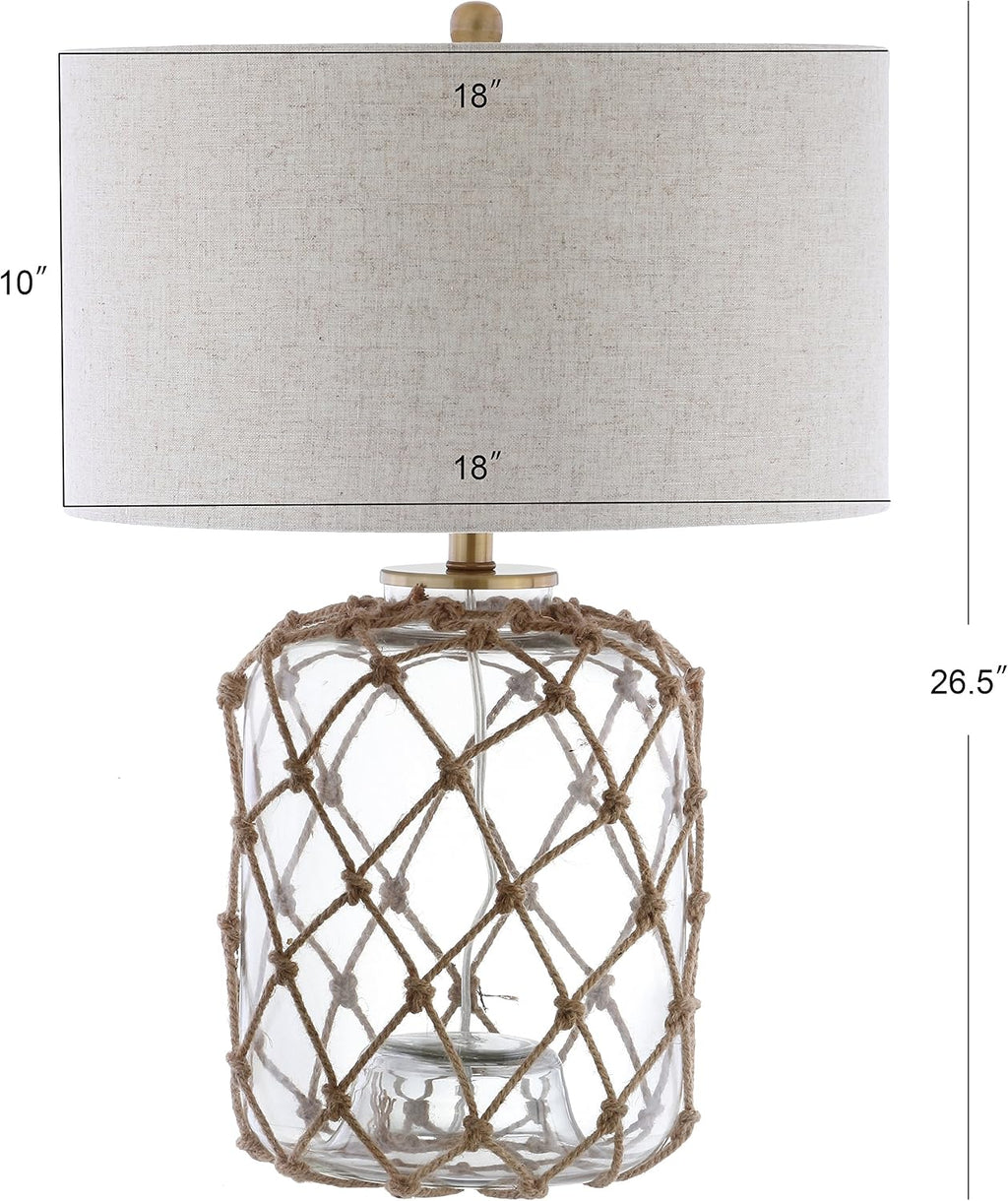 JONATHAN Y 26.5' Brown/Clear Glass and Rope Coastal LED Table Lamp, Nautical Jute Net Lamp for Living Room Bedroom Nightstand, Gray Linen Drum Shade, LED Bulb Included JYL5033A