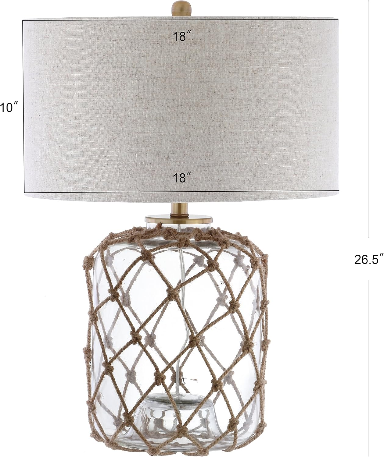 JONATHAN Y 26.5' Brown/Clear Glass and Rope Coastal LED Table Lamp, Nautical Jute Net Lamp for Living Room Bedroom Nightstand, Gray Linen Drum Shade, LED Bulb Included JYL5033A