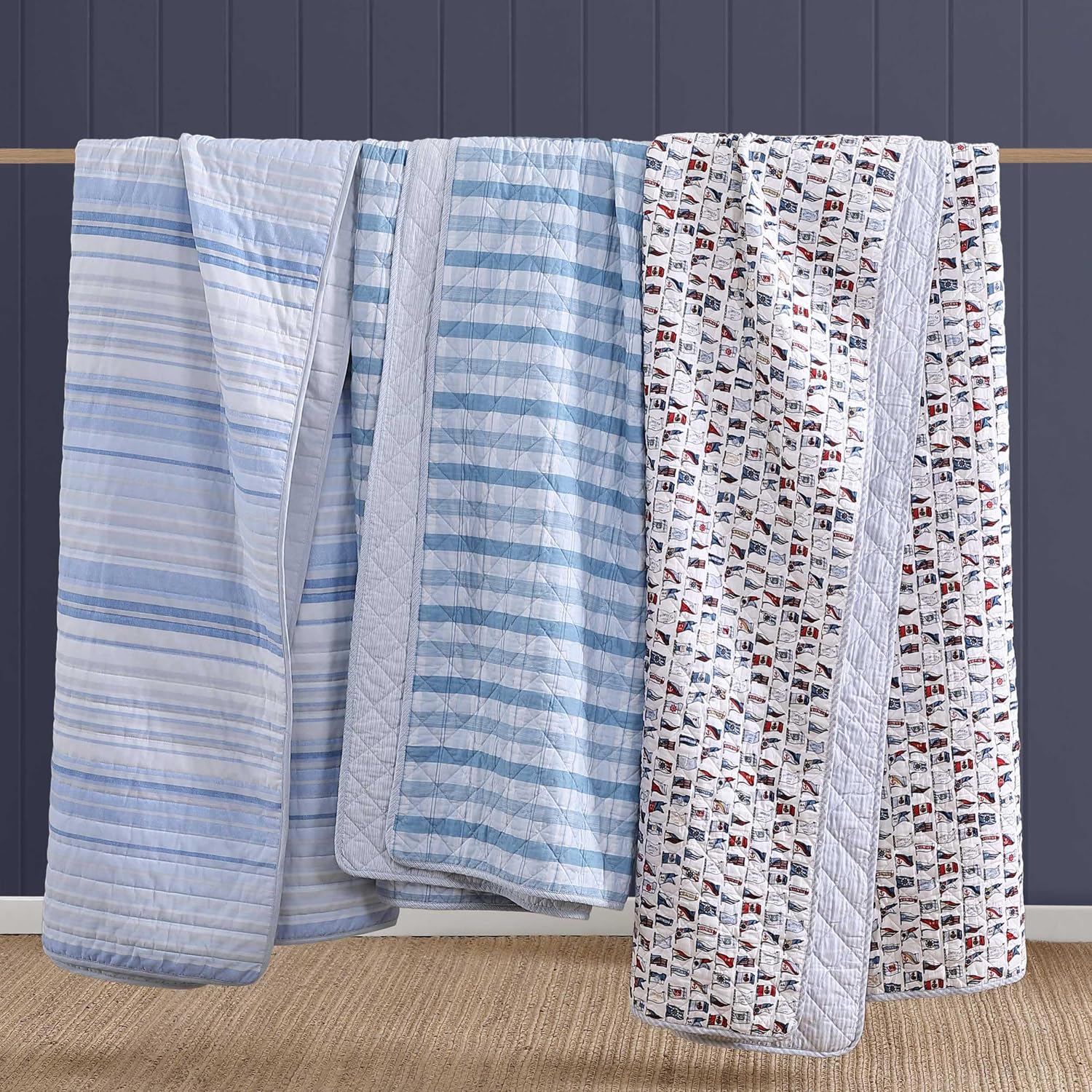 Tommy Hilfiger - King Quilt Set, Cotton Textured Bedding with Matching Shams, Medium Weight Bed Set, European Closure, Oeko-TEX Certified (Bold Stripe Blue)
