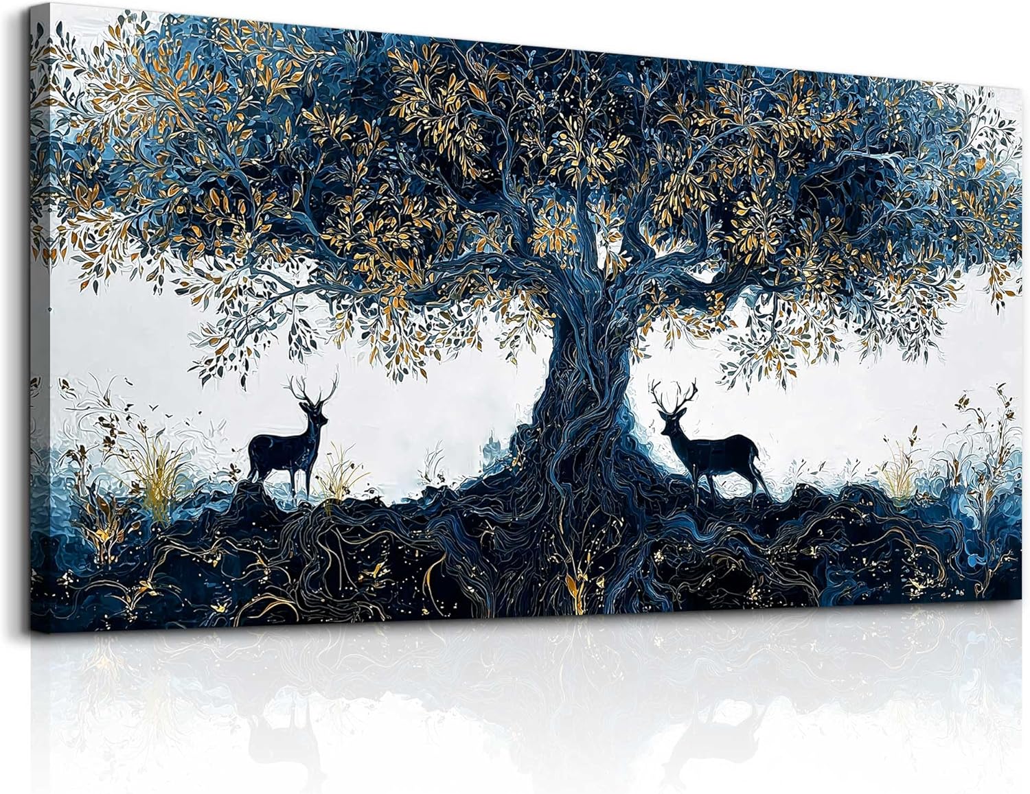 XIGUANGART Blue Tree of Life Wall Art, Large Pictures Wall Art for Living Room, Deer Oversized Wall Decor Elk Animal Canvas Print Painting Modern Extra Large Framed Artwork for Bedroom Office 60'x30'
