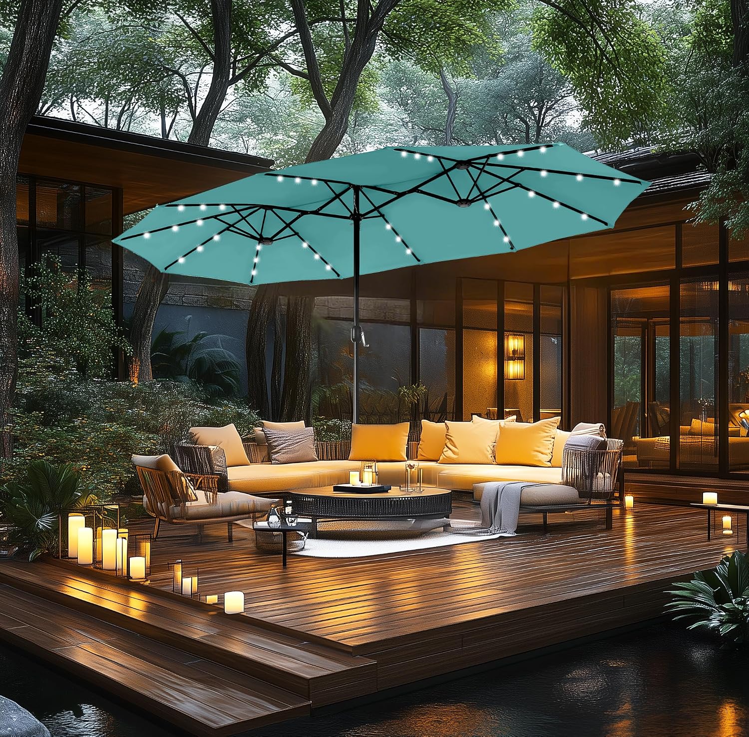 MFSTUDIO 15ft Double Sided Patio Umbrella with Solar Lights, Outdoor Large Umbrellas with Crank Handle and 36 LED Lights, Rectangular Market Umbrella with Base Included for Deck Pool Shade, Turquoise