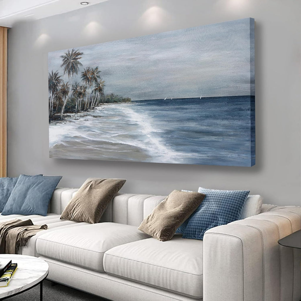 Coastal Wall Art Blue Gray Beach Wall Decor Landscape Abstract Canvas Painting Modern Ocean Artwork Framed for Living Room Bedroom Bathroom Office Decor 58'x29'Can Be Hung Directly