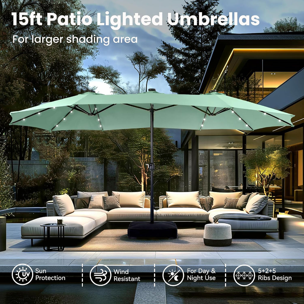 PHI VILLA 15ft Large Patio Umbrella with Solar Lights, Double-Sided Outdoor Market Rectangle Umbrellas with 36 LED Lights, Umbrella Base (Stand) Included, Mint Green