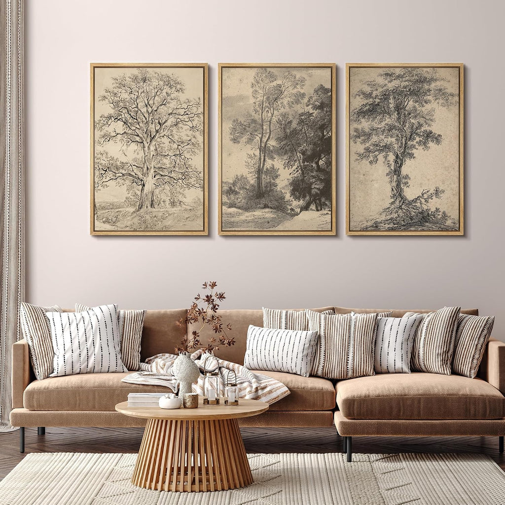 SIGNFORD Framed Canvas Print Wall Art Set Classic Botanical Sketches Black and White Tree Drawings Illustrations Modern Art Relax/Calm for Living Room, Bedroom, Office - 24'x36'x3 Natural
