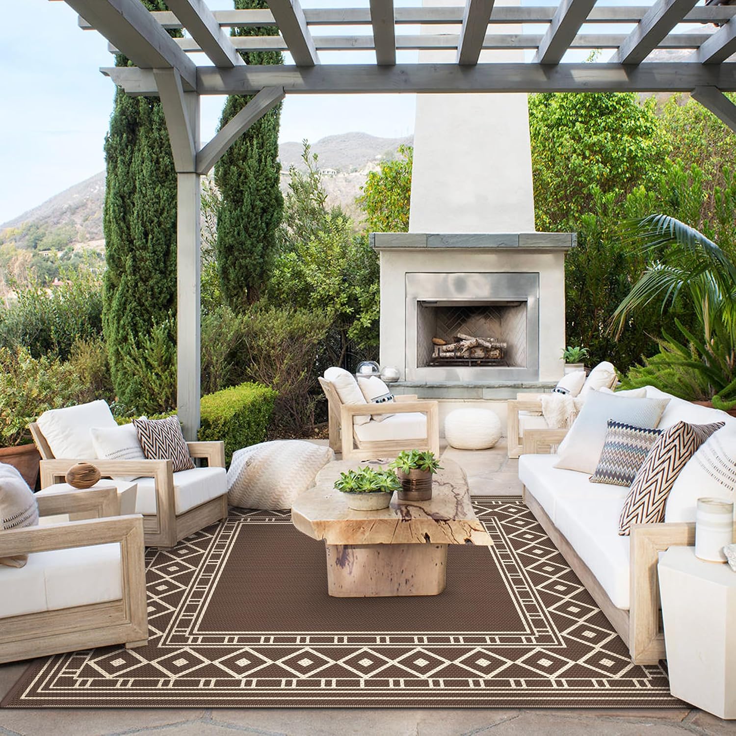 GENIMO Outdoor Rug Waterproof for Patio Decor, 10'x10' Foldable Reversible Plastic Straw Carpet, Outside Area Mat for Rv, Deck, Picnic, Porch, Camper, Balcony, Beach, Coffee & Beige