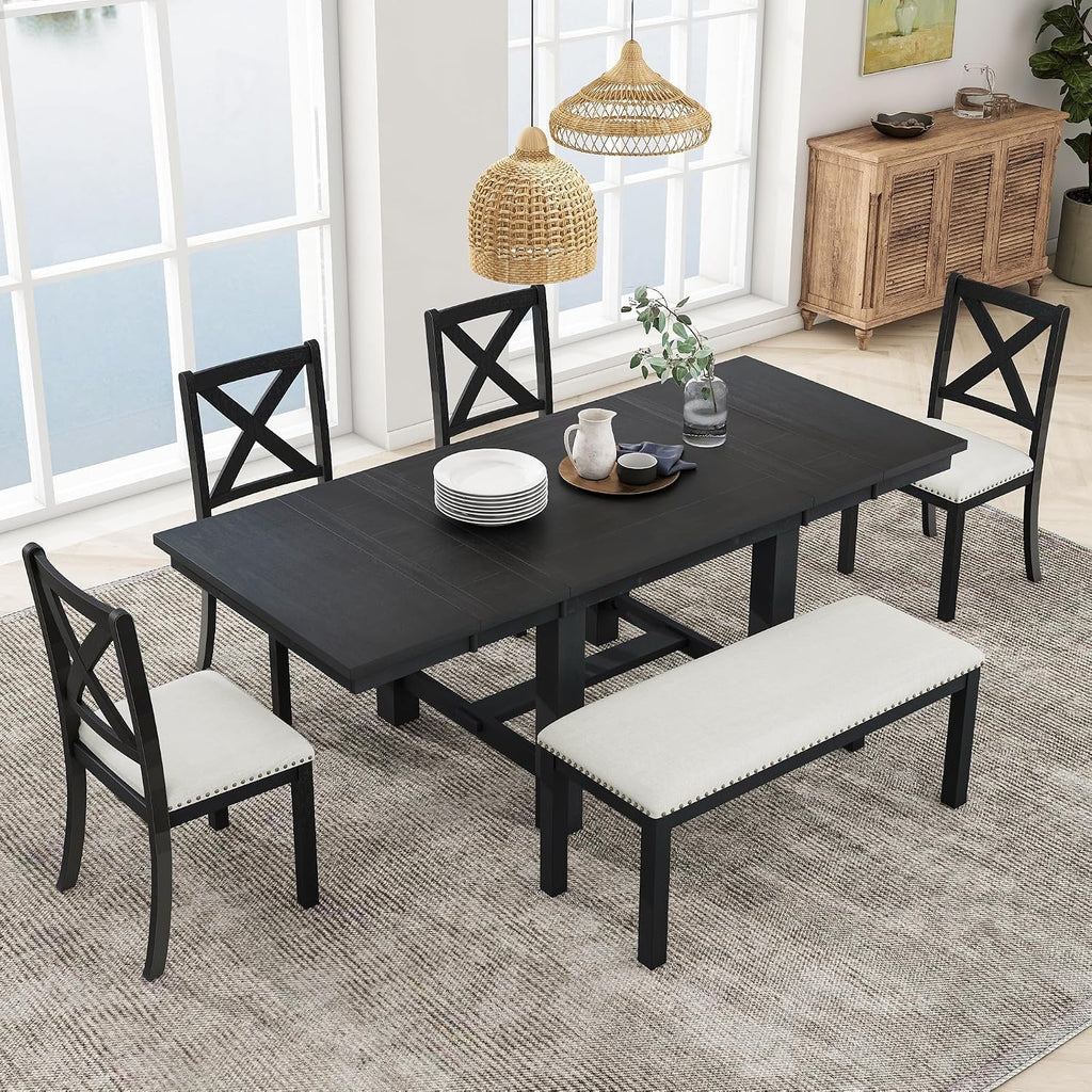 Farmhouse 6-Piece Extendable Dining Room Table Sets, Acacia Wood 82'' Dining Table with 2 Removable Leaf and Upholstered Dining Chairs& Bench, Soft Cushion with Rivet (Black+WT)