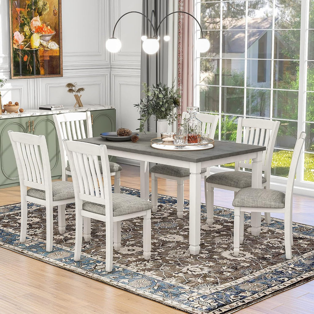 Neoclassical Solid Wood Dining Table Set of 7, Kitchen Dining Room Table Set, 60' Rectangle Dining Room Table with 6 Upholstered Chairs and Shaped Legs, Family Dining Kitchen Set for 6