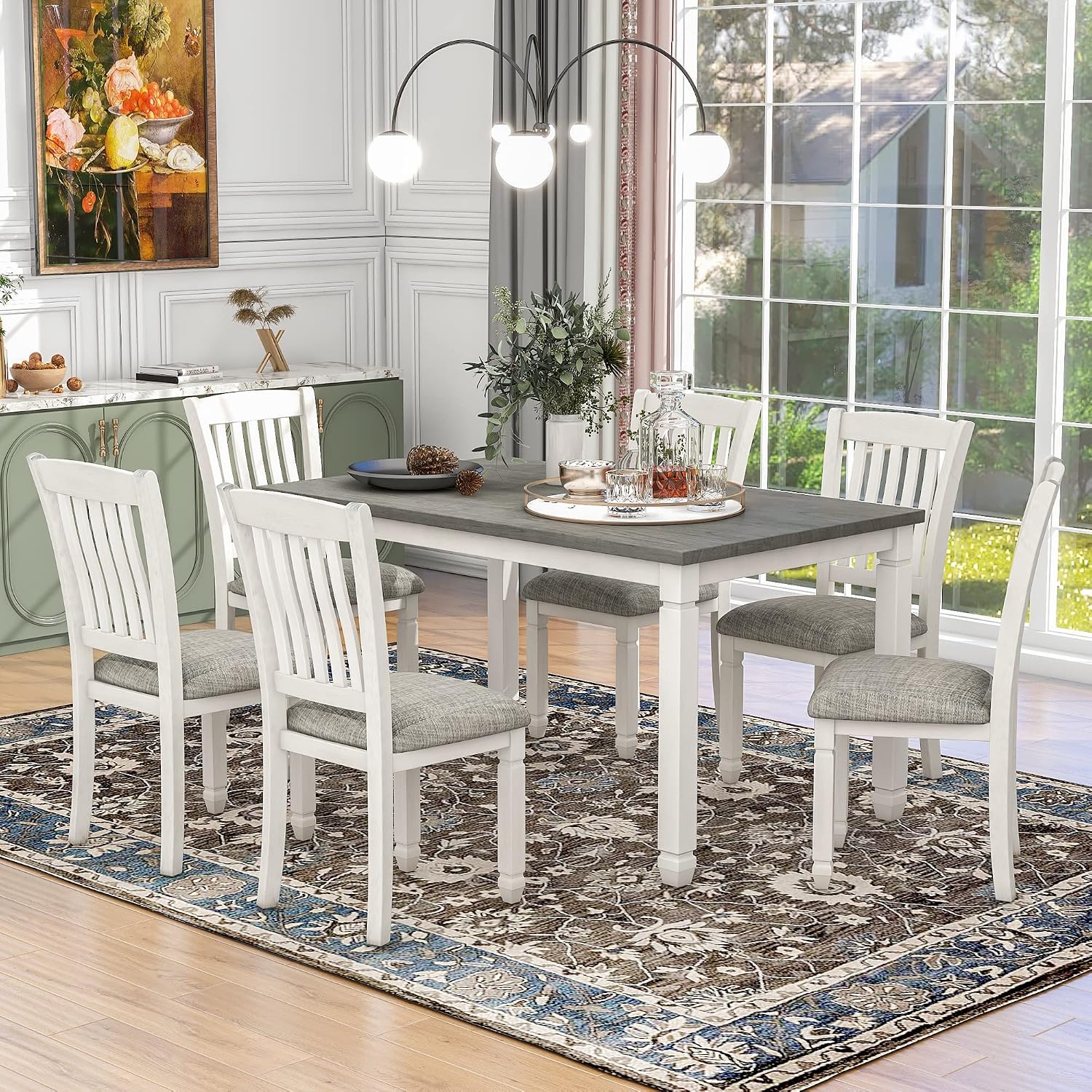 Neoclassical Solid Wood Dining Table Set of 7, Kitchen Dining Room Table Set, 60' Rectangle Dining Room Table with 6 Upholstered Chairs and Shaped Legs, Family Dining Kitchen Set for 6