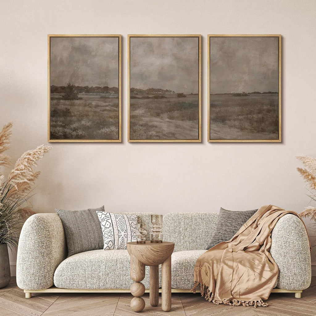 MUDECOR Framed Wall Art Print Set Vintage Neutral Countryside Landscape Rustic Field Path and Distant Trees Illustrations Modern Art Decorative for Living Room, Bedroom, Office - 24'x36'x3 NATURAL