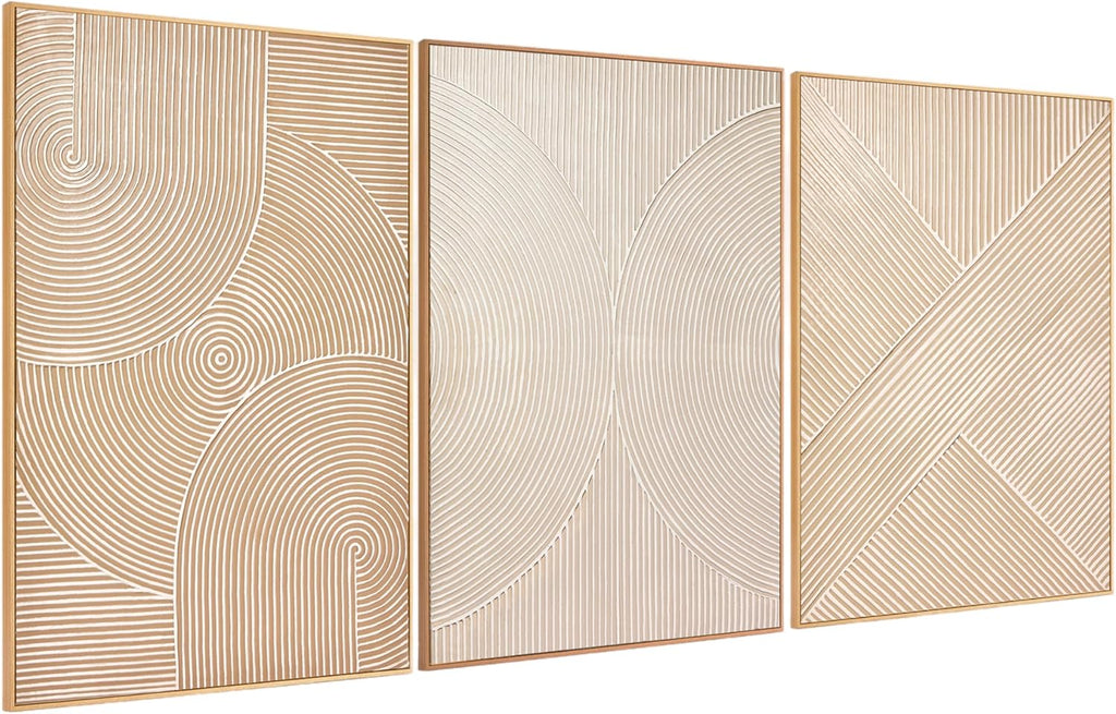 Zessonic Large Textured 3D Wall Art Neutral Set of 3-24'x36' Hand-Painted Abstract Canvas Framed Paintings Brown for Living Room, Bedroom - Modern Minimalist Neutral Boho Decor