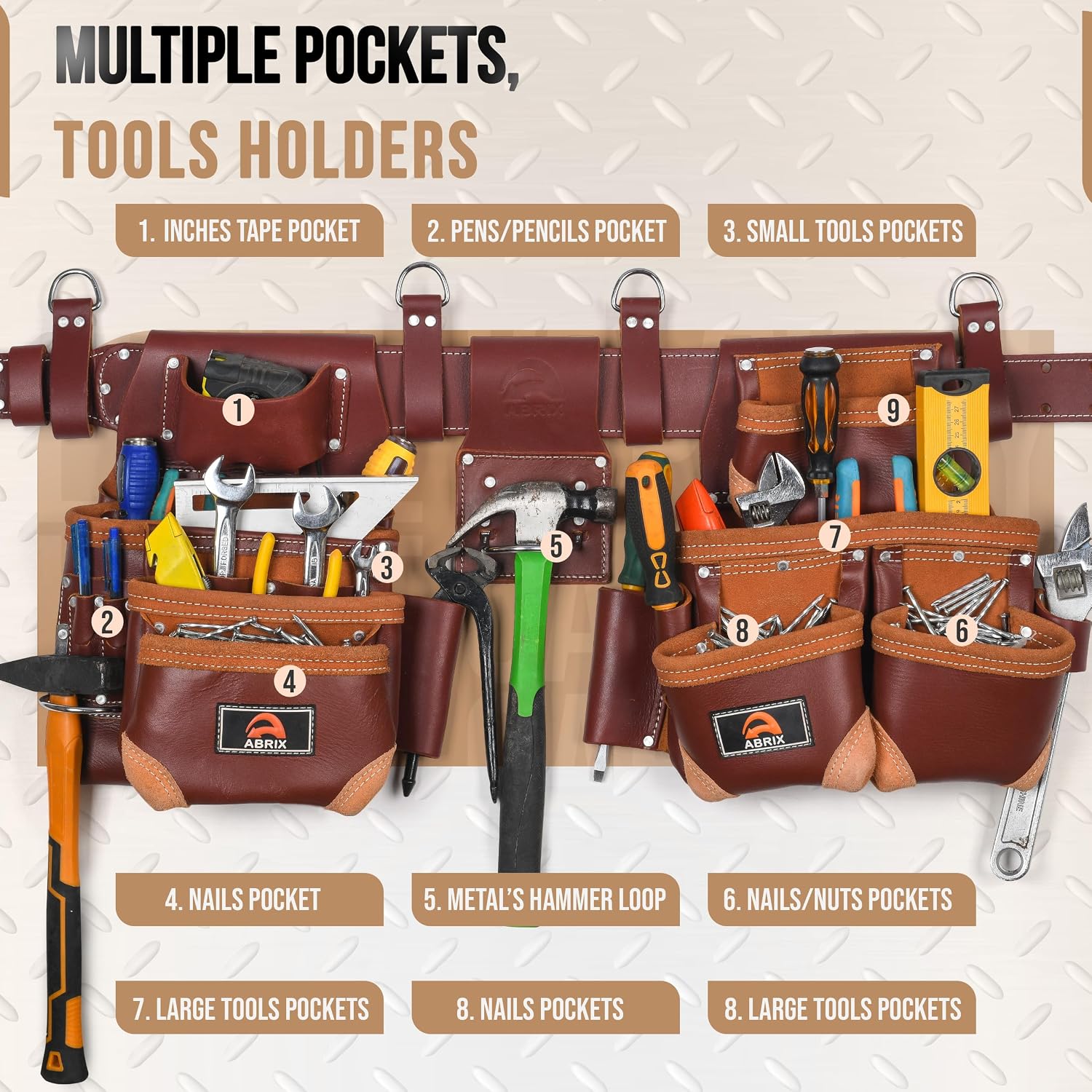 ABRIX Heavy Duty Tool Belt for Men – 4MM Thick Genuine Leather, Brass Buckle & Rivets | Foam Padded Comfort | 28-Pocket Carpenter & Framing Rig with Suspender | Work Belt Fit upto 32' to 52'