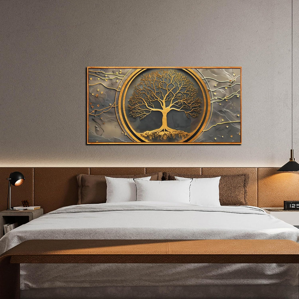 Tree Pictures Wall Art for Living Room - Gold Modern Wall Decor Office - Wooden Framed Wall Art Size 29' x 59'