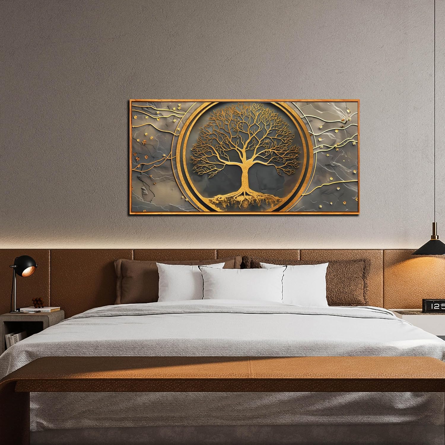 Tree Pictures Wall Art for Living Room - Gold Modern Wall Decor Office - Wooden Framed Wall Art Size 29' x 59'