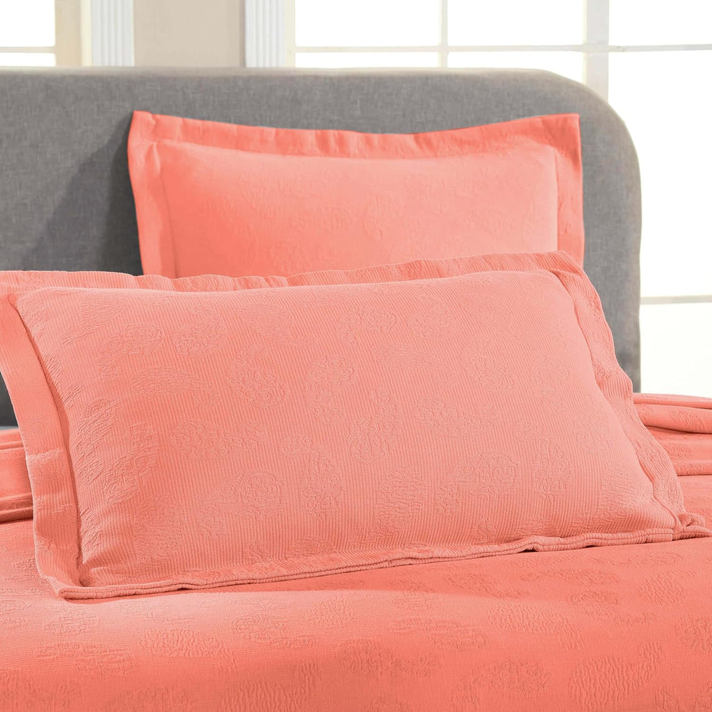 Superior Paisley Cotton 3 Piece Bedspread Set, Home Bed Decor, Decorative Textured Bed Spread, 2 Pillow Shams, Airy Blanket, Matelasse Coverlet Bedding, Vintage Floral Design, King, Coral