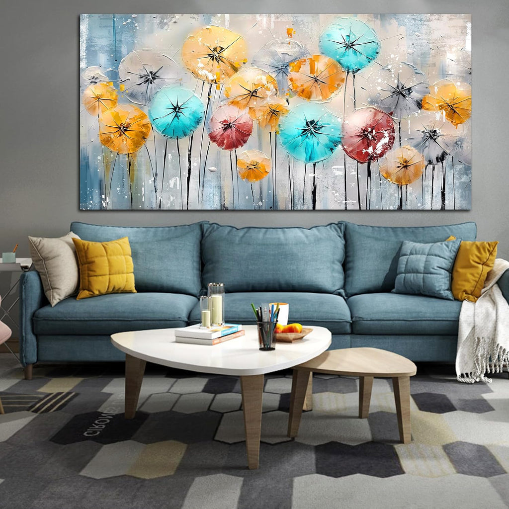 ENTANUB Dandelion Wall Art for Living Room, Flower Canvas Wall Picture for Bedroom, Colorful Print Painting Decor, Large Size 60x30 Inches