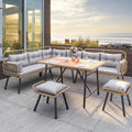 YITAHOME Patio Wicker L-Shaped Furniture Set, All-Weather Rattan Outdoor Conversation Sofa Set for Backyard Deck with Soft Cushions,Ottomans and Wood-Like Dining Table, Light Brown+Gray