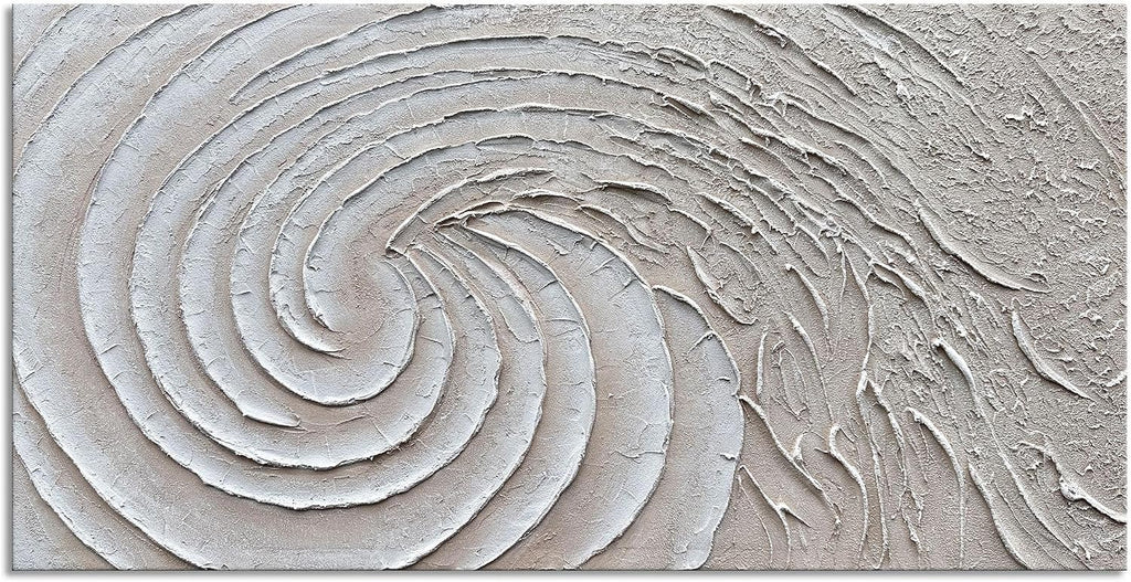Slyart Thick Texture White Wall Art, Hand Painted 3D Ocean Wave Circle Oil Painting, 24'x48' Large White Canvas Abstract Wall Art