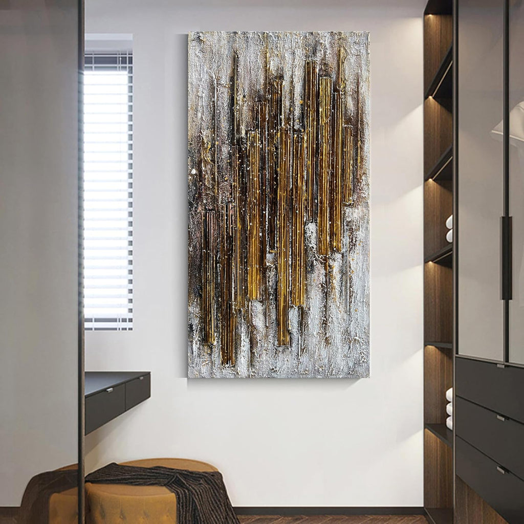 Hand Painted 24x48 inch White and Gold Abstract Wall Decoration Oil Painting Thick Texture Minimalist Art