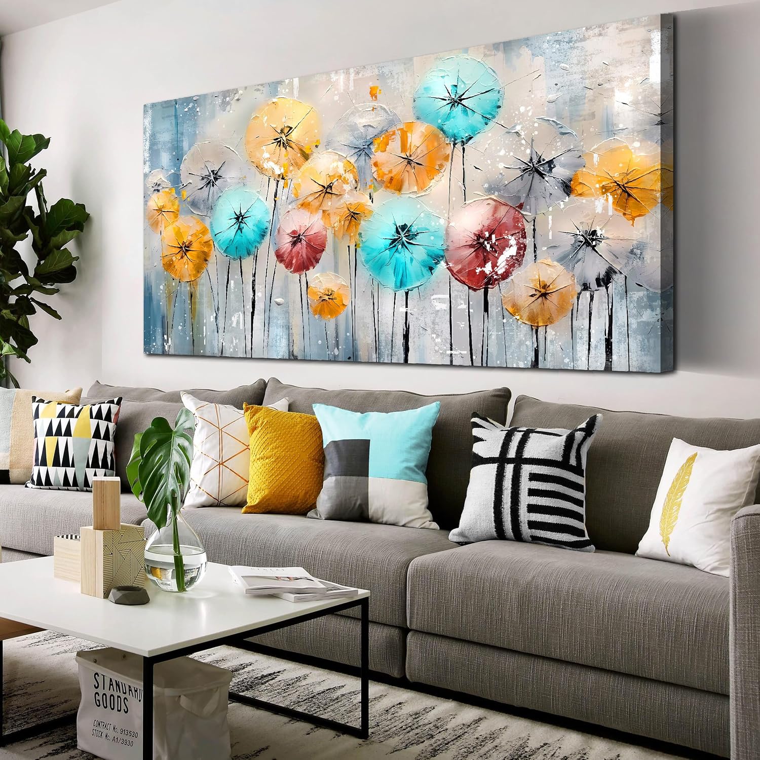 ENTANUB Dandelion Wall Art for Living Room, Flower Canvas Wall Picture for Bedroom, Colorful Print Painting Decor, Large Size 60x30 Inches