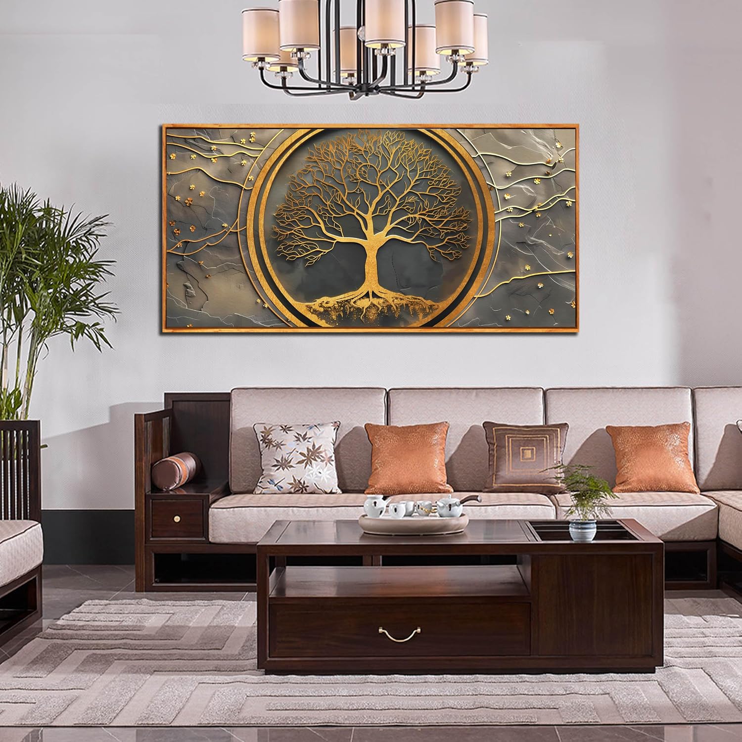 Tree Pictures Wall Art for Living Room - Gold Modern Wall Decor Office - Wooden Framed Wall Art Size 29' x 59'