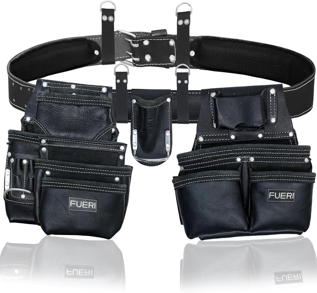FUERI Leather Tool Belts for Men, Heavy-Duty Durable Carpenter Tool Rig Organizer With 19 Pockets-2 Pouches, Double Hammer Holder, Suspender Loops, And A Foam-Padded Belt for Framers, And Electricians