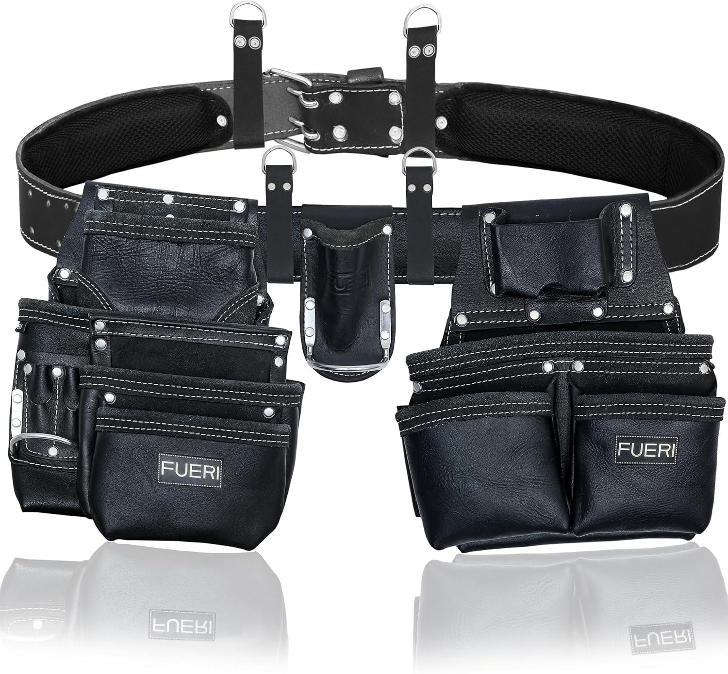 FUERI Leather Tool Belts for Men, Heavy-Duty Durable Carpenter Tool Rig Organizer With 19 Pockets-2 Pouches, Double Hammer Holder, Suspender Loops, And A Foam-Padded Belt for Framers, And Electricians
