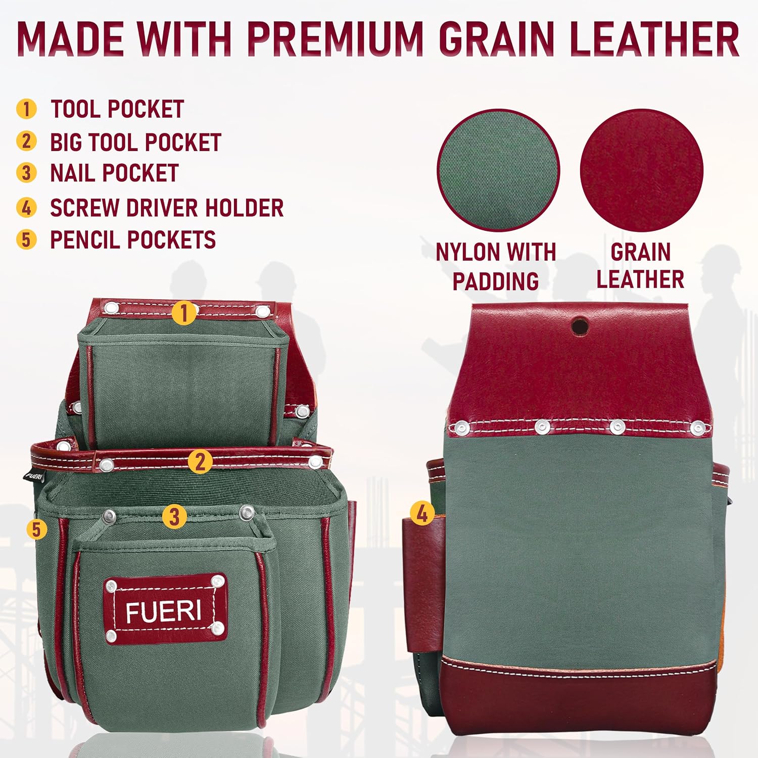FUERI Tool Belt for Men made with Heavy Duty 1680-D Double Layer Nylon & Grain Leather comes with Adjustable Padded Belt, 19 Pockets pouches, and a Hammer Holder | Carpenters, Framers, Construction