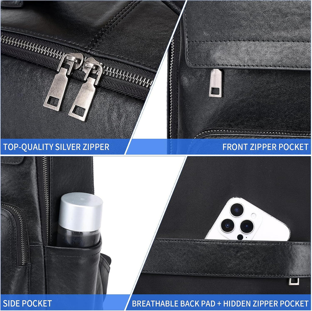Veg-Tan Genuine Leather Backpack for Men Multi-Functional 15.6' Laptop Backpack, Black Business Travel Luxury Backpack Work Daypack