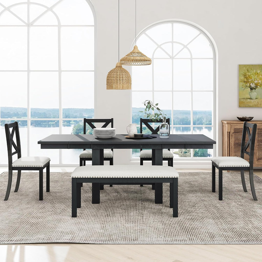 Farmhouse 6-Piece Extendable Dining Room Table Sets, Acacia Wood 82'' Dining Table with 2 Removable Leaf and Upholstered Dining Chairs& Bench, Soft Cushion with Rivet (Black+WT)