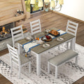 Rustic Farmhouse 6-Piece Dining Room Table Set, Counter Height Wooden Kitchen Dining Set with 4 Upholstered Chairs and Padded Bench, Kitchen Set for 6 (Brown+Whitewash)