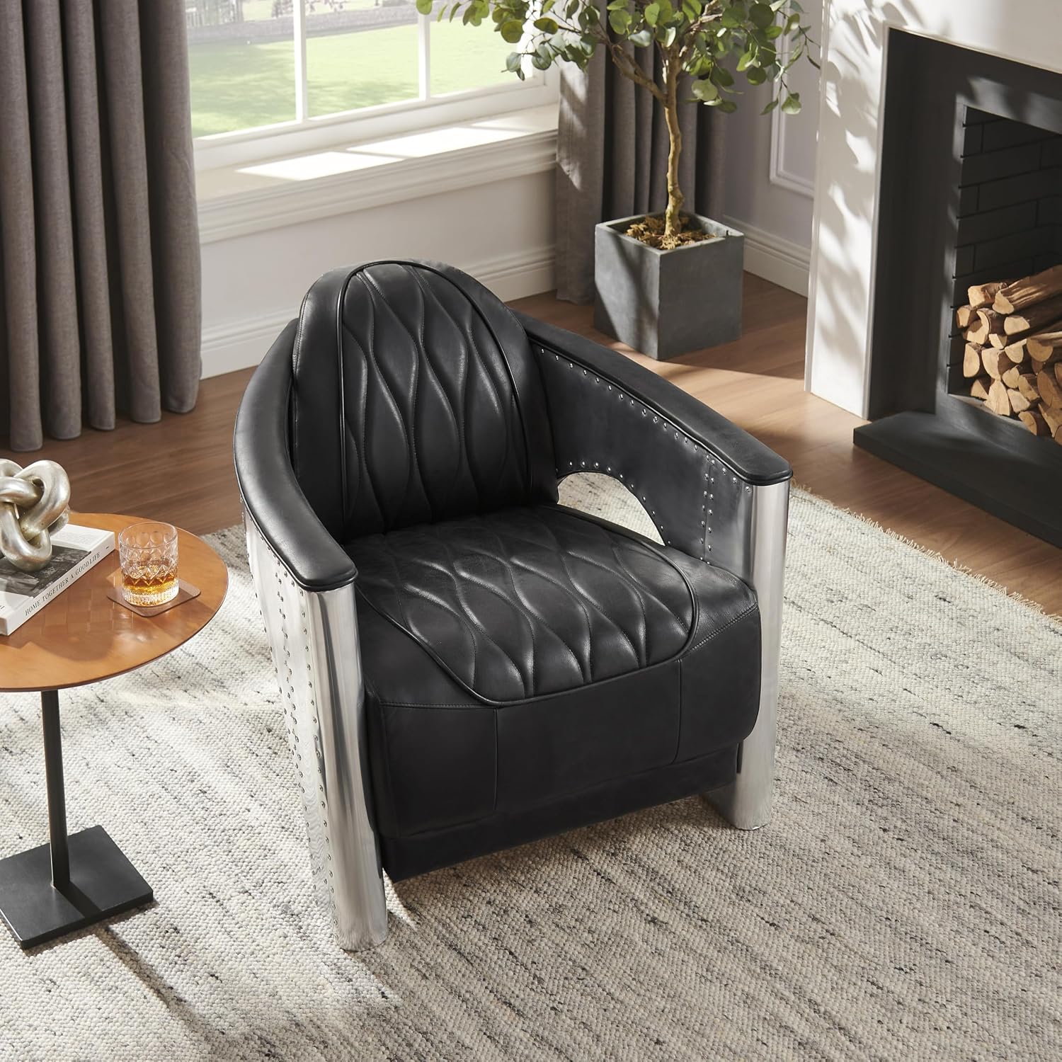 Zouron Vintage Leather Accent Chair, Upholstered Living Room Chair with Aluminum Legs and Handcrafted Rivets, Genuine Leather Single Sofa Chair Barrel Aviator Chair, Black