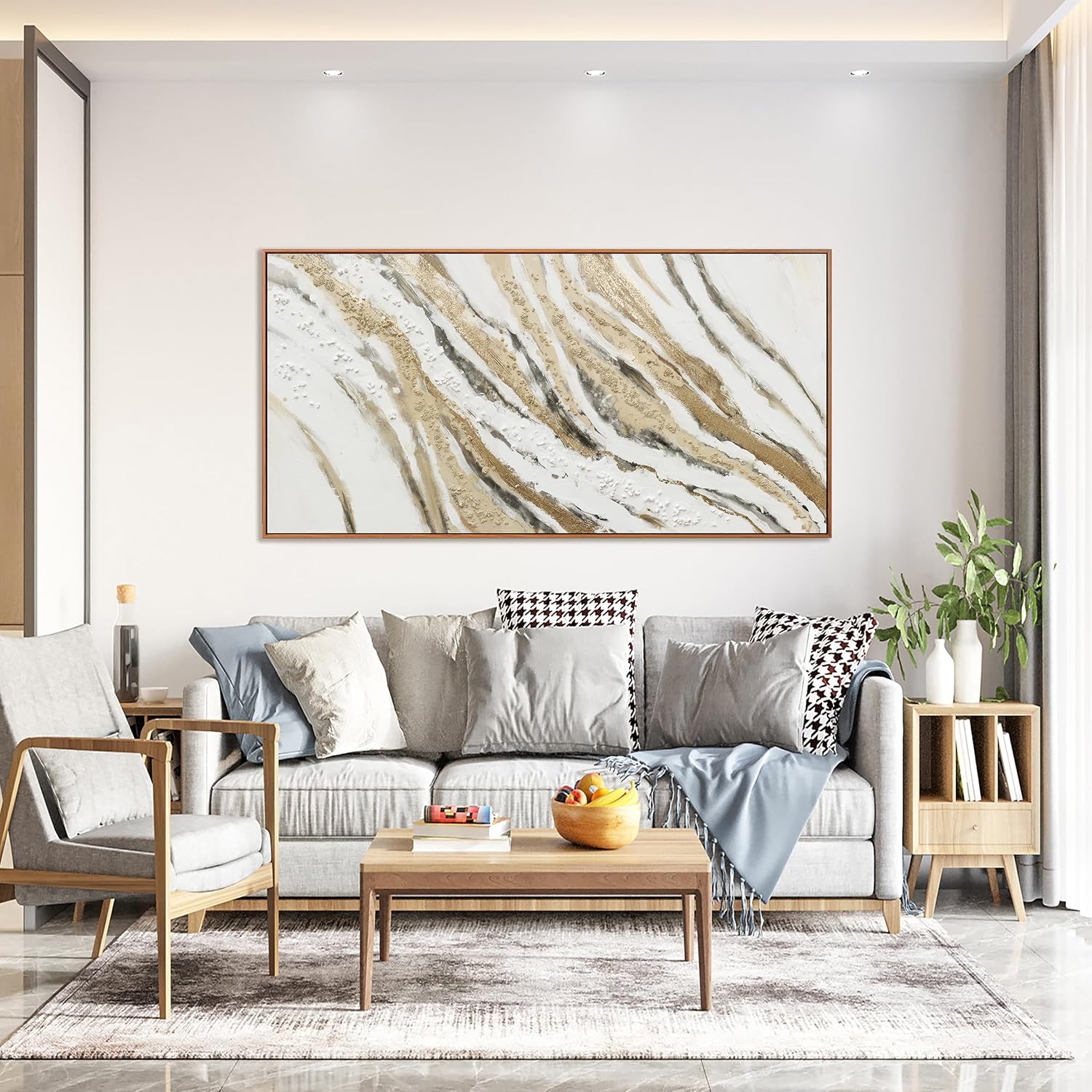 Abstract Wall Art Framed Artwork Abstract Painting With Golden And White Lines Decor Modern Canvas Wall Decor Suitable For Bedroom Apartment Office Dining Room Wall Decor Can Be Hang 24'X48'